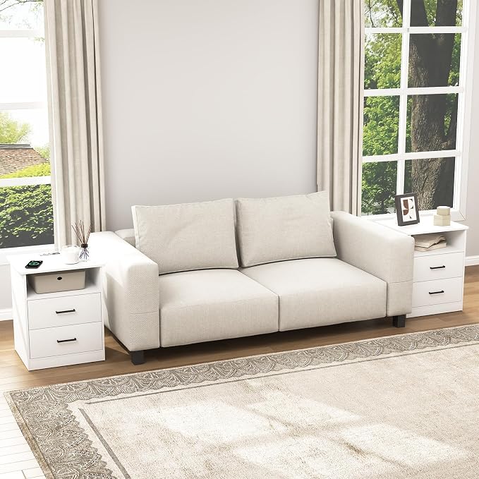 White Nightstand with Charging Station,Modern Night Stand with 2 Drawers and Open Shelf,Bedside Table with Storage for Bedroom, End Side Table for Living Room - Image 9