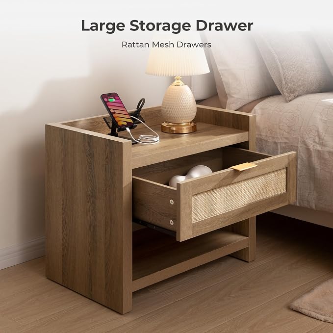 SICOTAS Night Stand Set of 2 Nightstands - Rattan Bed Side Table with Drawer Storage,Type-C Charging Station End Table - Boho Bedside Night Stands for Bedroom - Natural Oak - Image 3