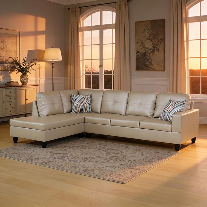 103.5 Inch Modern L-Shaped Couch, PU Leather Sectional Sofa with Chaise Lounge, 4-Seater Couch with Accent Pillows for Living Room, Apartment, Bright Light Grey