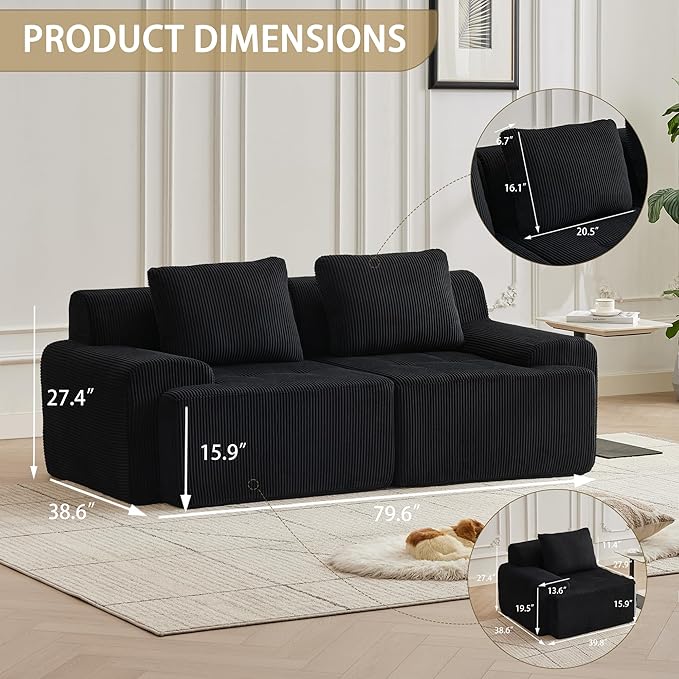 Modular Sectional Sofa with Movable Ottoman, 2 Seat Deep Seat Couch with 2 Pillow, Comfy Cloud Sectional Sofa for Living Room, Bedroom and Apartment (Black, 1 Left+1 Right)