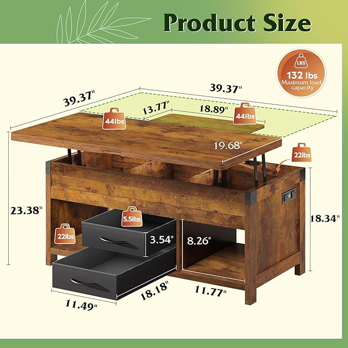WLIVE 40" Lift Top Coffee Table, 4 in 1 Coffee Tables with Storage, 2 Fabric Drawers, LED Light and USB, Modern Coffee Table with Hidden Compartment for Living Room, Dining Room, Rustic Brown