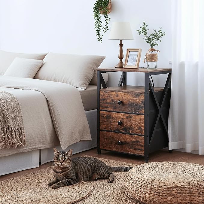 AMHANCIBLE Night Stand Set 2, LED Nightstand with Charging Station, End Side Tables with USB Port & Outlet, Bedside Tables with 3 Fabric Drawers for Bedroom, Rustic Brown HET053LBR - Image 10