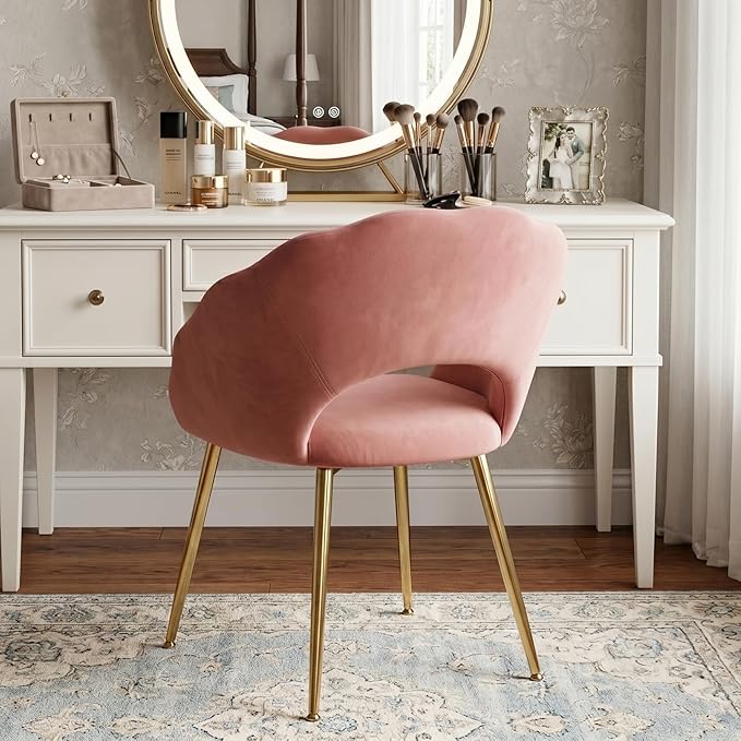 Modern Vanity Chair, Living Room Chair with Gold Metal Legs,Velvet Dining Chair, Comfy Accent Chair for Makeup Room, Waiting Room, Dressing Room, Bedroom, Dining Room, Home Office (1, Pink)