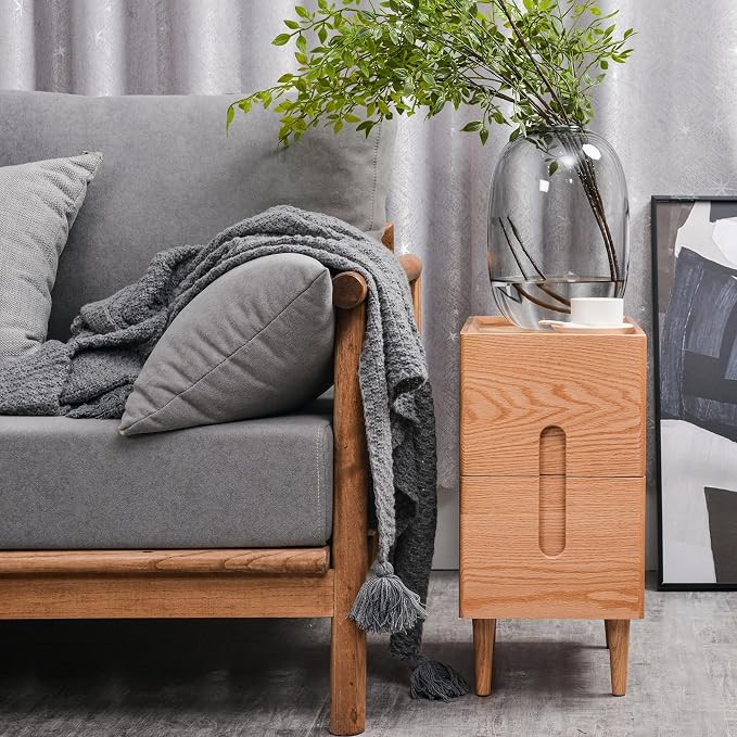Mid Century Modern Nightstand, Narrow Nightstand, Minimalist Side Table for Bedroom, 2-Drawer Bedside Tables, (Natural, 9.84inches) - Image 3