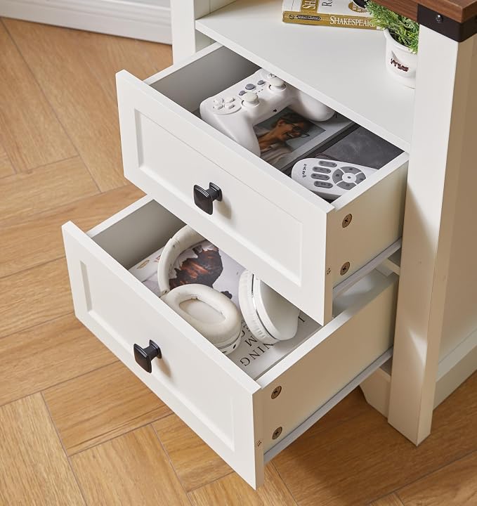 Ball & Cast 24” Farmhouse Night Stand with Charging Station,Wood Nightstand with 2 Drawers,Bedside Tables with USB Ports & Outlets,End Table with Open Shelf for Living Room/Bedroom,White +Walnut - Image 6