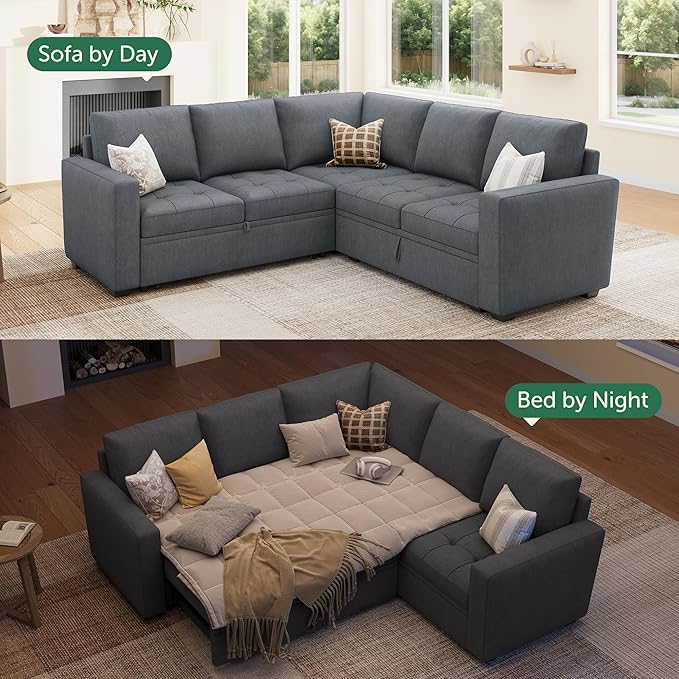 HONBAY Modular Sectional Sofa with Pull Out Bed Convertible L Shaped Couch with Storage Seat Sleeper Sectional Couches for Living Room,Warm Bluish Grey