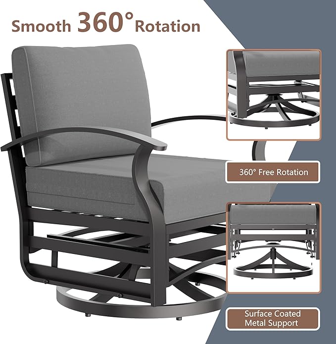 Aluminum Outdoor Patio Furniture Set,5 Pieces 7 Seats Patio Conversation Sets with 2 Swivel Rocking Chairs,Metal Patio Sectional Furniture Set with 5.1" Thickened Cushions,Grey