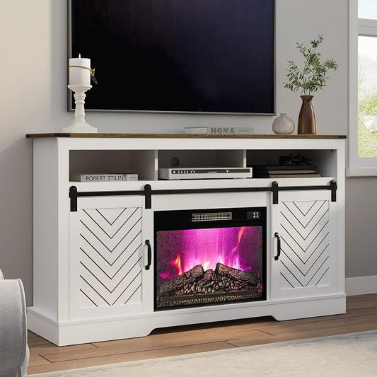 RoyalCraft Farmhouse Fireplace TV Stand for 65+ TV, Entertainment Center with 23" Electric Fireplace with Remote, 34" Tall Modern Rustic TV Console with Sliding Bar Door for Living Room, Antique White by Bringyoubetterlife