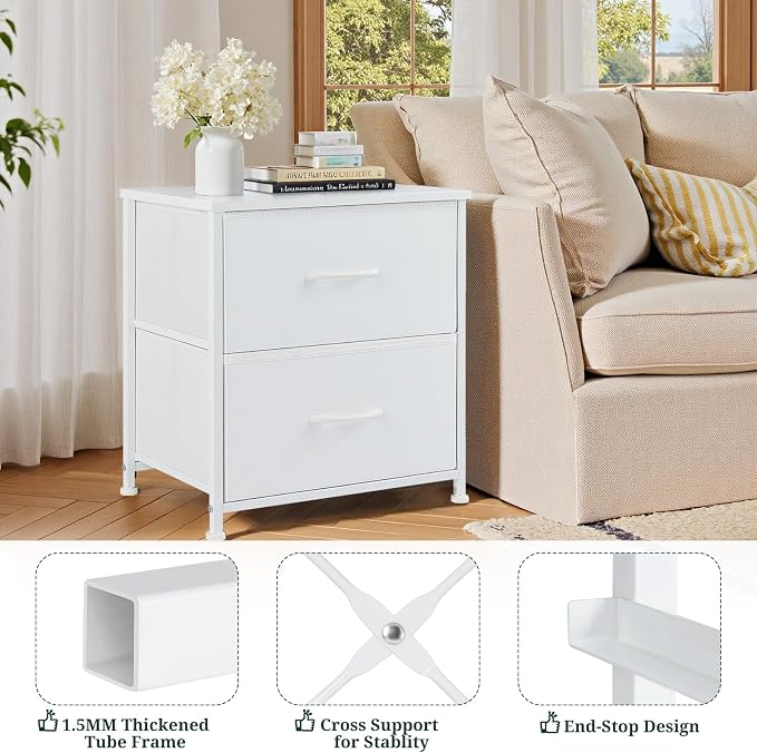 Nightstand, Small 2 Drawer Dresser End Table Bedside Furniture, Wooden Top Fabric Bins for Bedroom, Closet, Entryway, Dorm, 11.8" D x 18" W x 20", White - Image 4