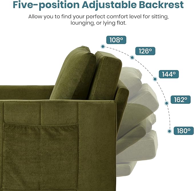 Merax Convertible Chair Bed, 3-in-1 Pull Out Sleeper Couch with Adjustable Backrest, Side Pockets and a Storage Basket, Chenille Folding Sofa Bed for Living Room, Apartment, Green