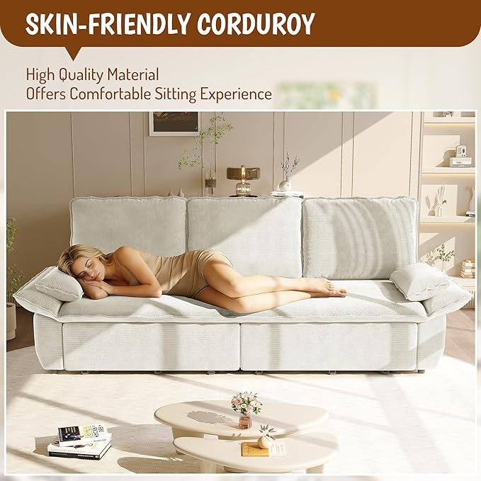 KEIKI 94.5" King-Size 3-in-1 Convertible Sleeper Sofa, Oversized Pull-Out Couch with Cloud-Style Deep Seat, Corduroy Reclining Loveseat for Home Theater & Family Living
