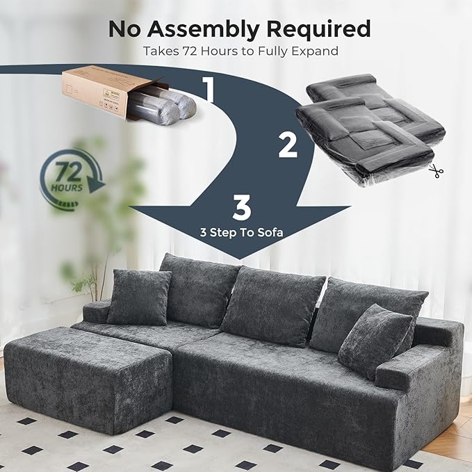 Boneless Couch, L Shaped Cloud Sectional Couches for Living Room, Comfy Fluffy Modular Sectional Sofa, Deep Seat Memory Foam Lounger with Left Facing Chaise, Free Combination, Grey