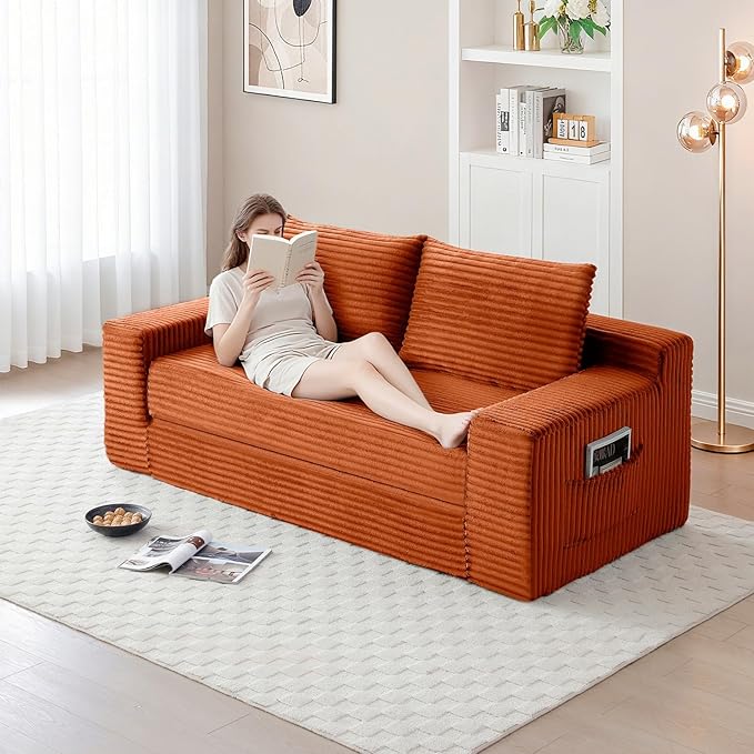 Convertible Sofa Bed, 2 in 1 Memory Foam Futon Couch, No Assembly Corduroy Foldable Sofa Bed, Comfy Floor Couch with 2 Pillows for Bedroom, Living Room, Apartment, Orange