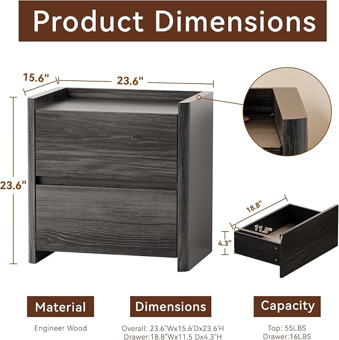 Nightstand with 2 Storage Drawer, Modern End Table for Bedroom with Cut-Out Handle, Large Night Stands for Bedroom, Home Office, Set of 2, Dark Grey - Image 2