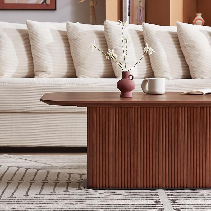 Coffee Table, Modern Wooden Coffee Table Rectangle Center Table with Solid Wood Veneered, Walnut