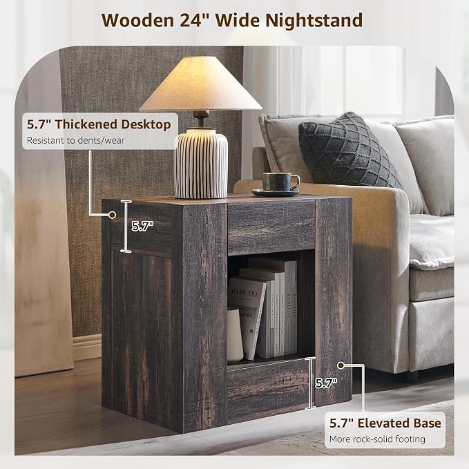 OKD 24" Wide Modern Nightstand, Wood Night Stand with Charging Station & Hidden Drawer, Side Table Bedroom with Storage Shelf, End Table, Dark Rustic Oak - Image 5