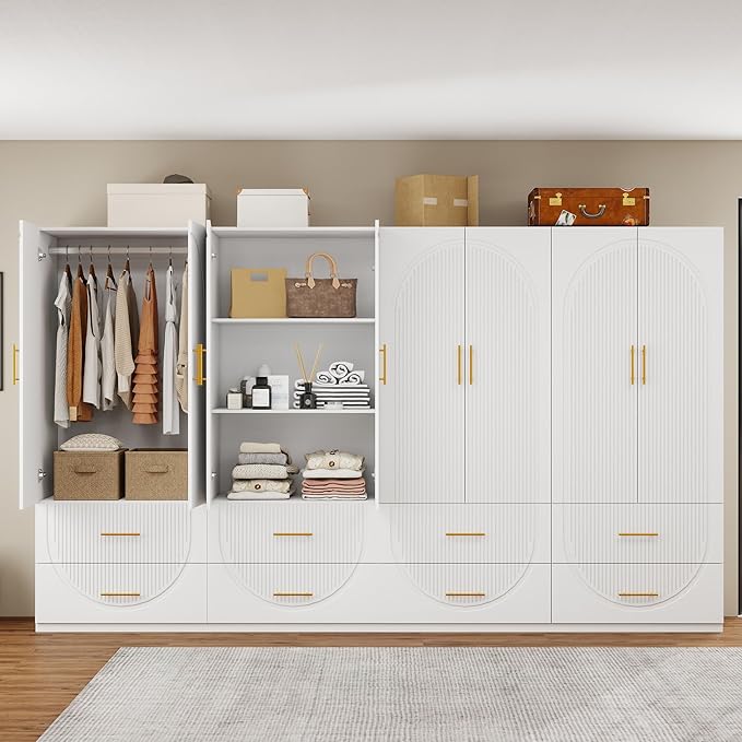 White Wardrobe Closet with Doors, 4 Drawers, Hanging Rods, Metal Handles, Large Capacity, Modern Minimalist Design, Textured Finish，Ideal for Bedroom 63.0" W x 20.39" D x 70.41" H (19)