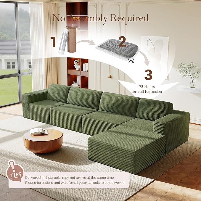 Vesgantti 159" Large Modular Sectional Sofa, L-Shaped Corduroy Cloud Couch with Deep Seats & Spring Support, 4-Seater Boneless Sofa with Movable Ottoman, No Assembly Needed, Green