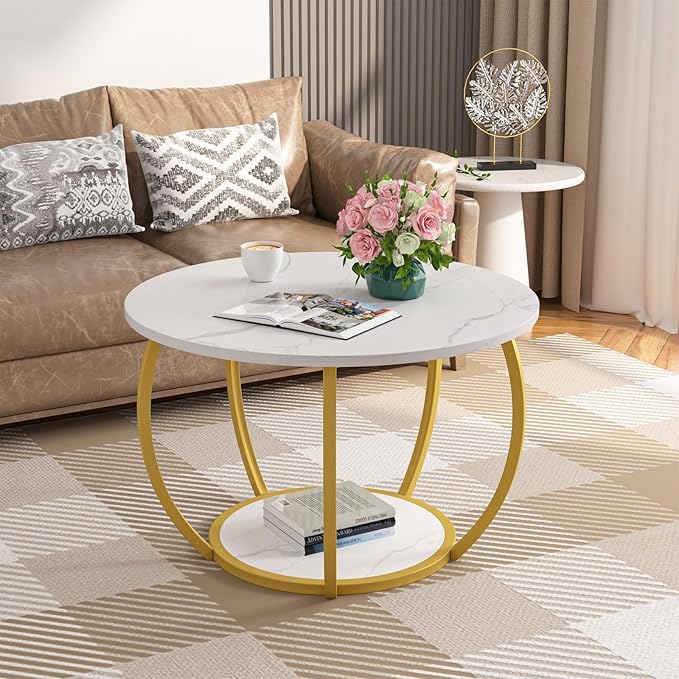 GreenForest Round Coffee Table with 2-Tier Open Storage, 27.6 inch Small Circle Coffee Tables with Adjustable Feet, Modern Mini Center Table for Small Living Room, White and Gold