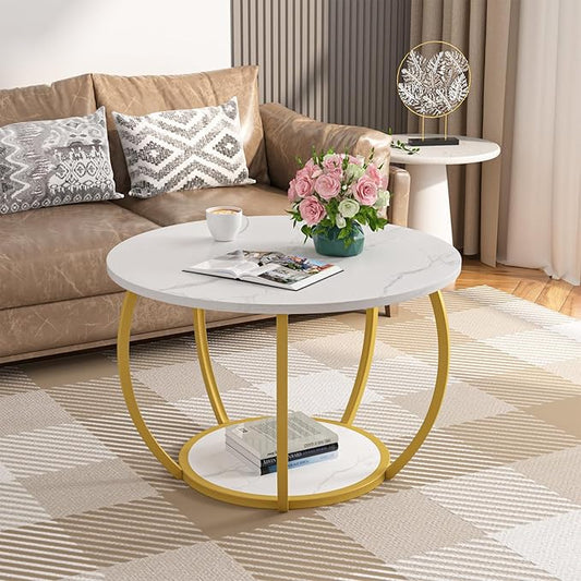 GreenForest Round Coffee Table with 2-Tier Open Storage, 27.6 inch Small Circle Coffee Tables with Adjustable Feet, Modern Mini Center Table for Small Living Room, White and Gold