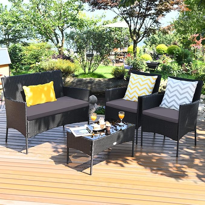 4 Pieces Patio Furniture Set, Outdoor Conversation Set with Ergonomic Curved Backrest, Patio Chair Set with Water-Resistant Cushion & Tempered Glass Table for Balcony, Porch, Pool (Gray)