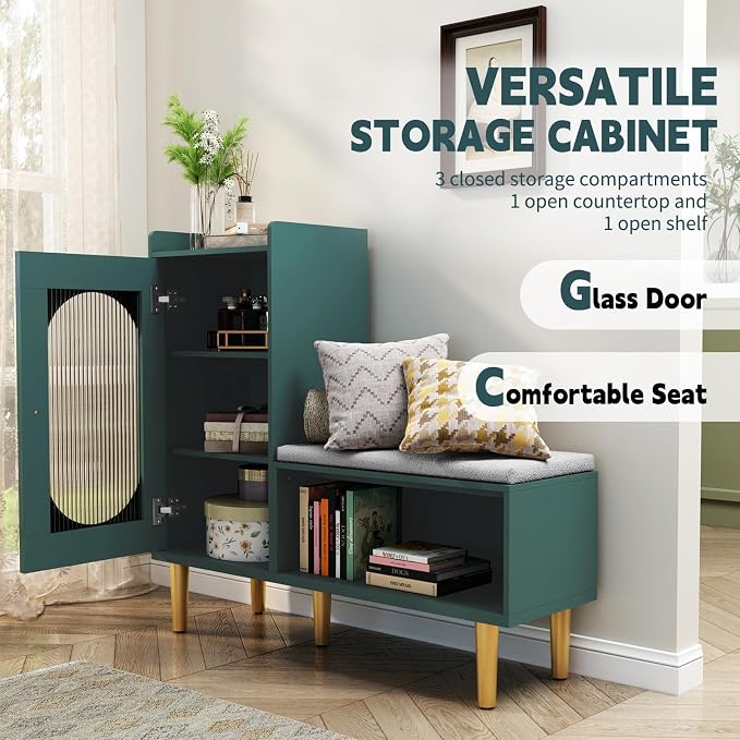 HLR Storage Bench with Glass Door&Shelf, Modern Entryway Shoe Cabinet Bench with Padded Seat, Green L-Shaped Storage Cabinet for Hallway, Bedroom, Living Room, Office - Image 5