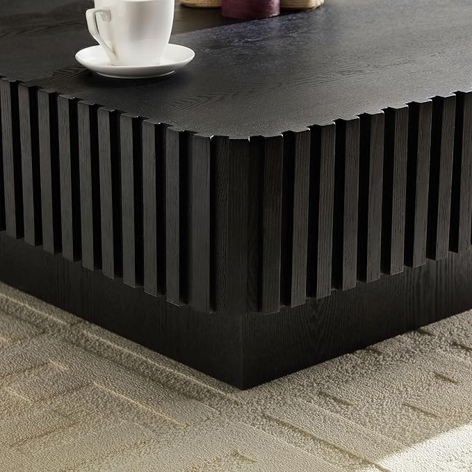 WILLIAMSPACE 35.43" Square Coffee Table with Sturdy Base, Modern Luxury Wood Drum Center Table Accent End Side Table for Living Room, Minimalist Fluted Design, Black