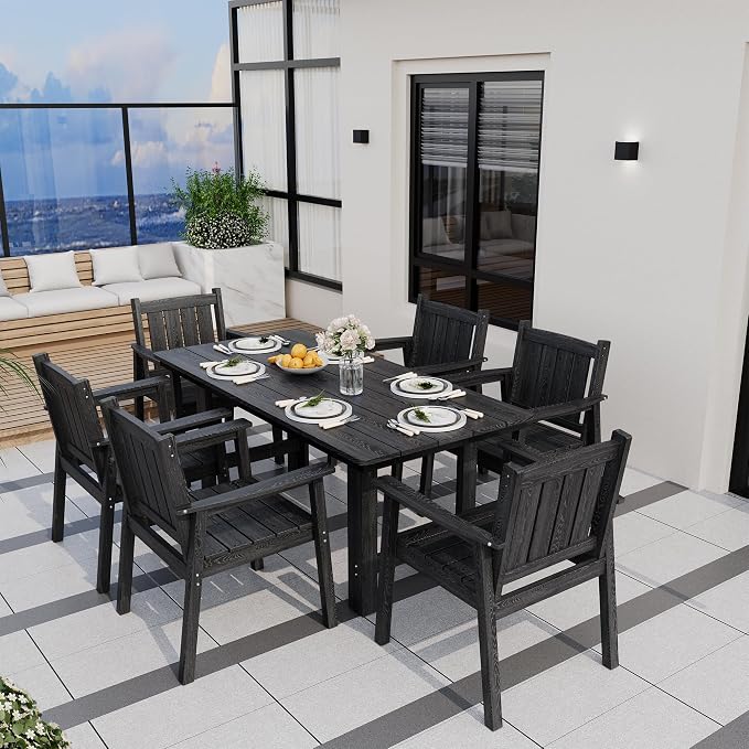 Pamapic 7 PCS Outdoor Dining Set, Spacious HDPE Outdoor Table and Chairs, Wood Grain Patio Furniture Sets with Elegant Armrest, All-Weather Patio Dining Table with Umbrella Hole, Black - Image 8