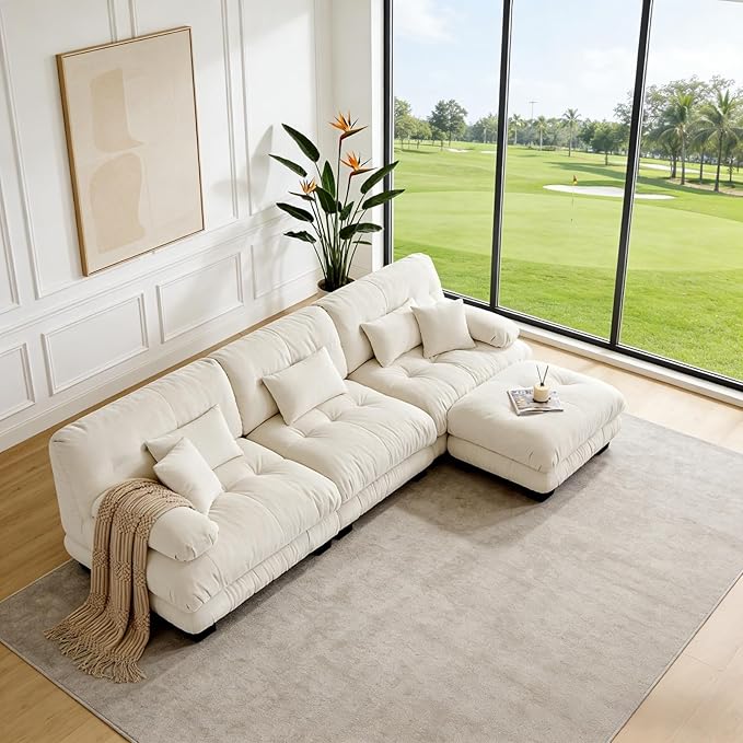 133.8" L-Shaped Cloud Couch, Oversized Modular Sectional Sofa, Deep Seat Cloud Boneless Couch, 3-Seat Modular Sectional Sofa with Ottoman or Living Room,Bedroom and Apartment, Light Coffee