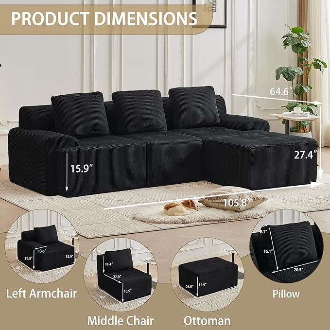 105.8'' Modular Sectional Sofa with Movable Ottoman, 3 Seat Deep Seat Couch with 3 Pillows, Comfy Cloud Sectional Sofa for Living Room, Bedroom (Black, 1 Left+1 Right+1 Middle+1 Ottoman)