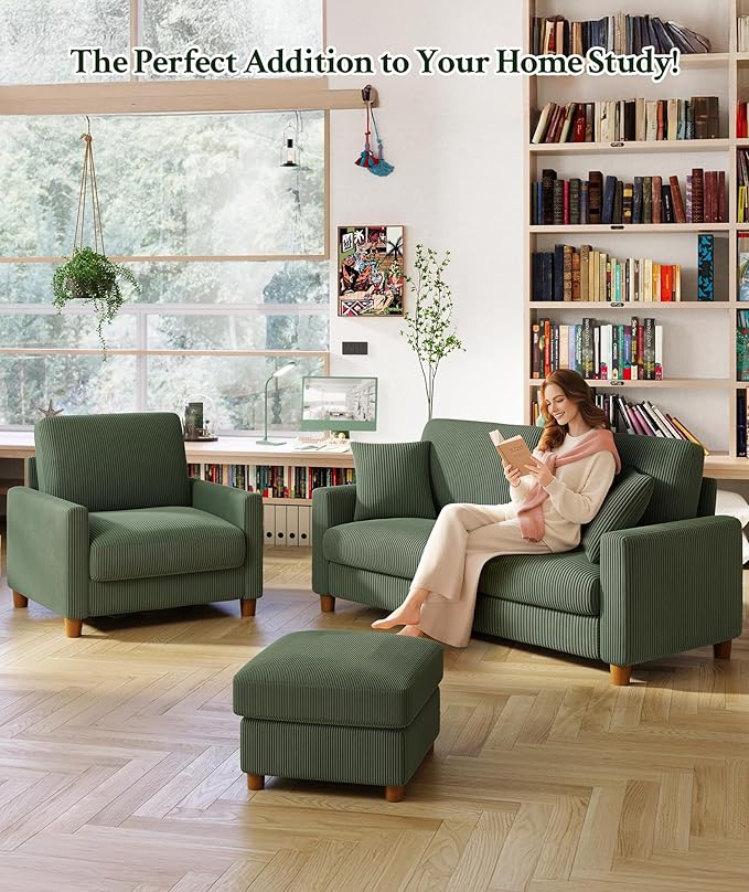 35.3" Couches for Living Room, Comfy Green Couch Single with 22.5" Deeper Seat, Accent Chair Tool-Free Setup, Reading Chair 440lbs Support, Corduroy Couch for Bedroom, Apartment, Office