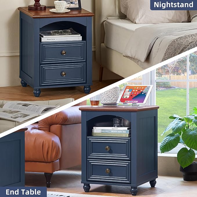 RWYHG 18" Farmhouse Night Stand Set of 2 with Charging Station, Wood Blue Nightstand with 2 Drawers, Bedside End Table with Shelf Storage, Bed Side Tables for Bedroom, Living Room, and Closet - Image 5