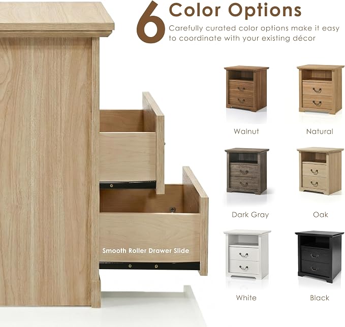 24/7 Shop at Home Elrik Modern 22-inch Wood Nightstand with Open Shelf, 2 Drawers and Ornate Handles, Wooden Night Stand for Bedroom, Apartment, Small Bedside Table, Oak - Image 6