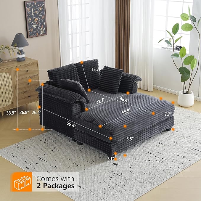 VINGLI Lounge Chair, 56" Oversized Reading Chair Corduroy Chaise Sofa Recliner Bed Upholstered Comfy Sleeper Couch with Throw Pillows and Armrests for Living Room, Movie Room, Bedroom