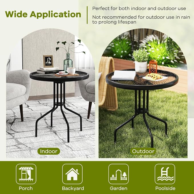 Tangkula 27.5 Inch Round Outdoor Dining Table with Tempered Glass Top, Outside Bistro Table with Umbrella Hole & Metal Frame, Patio Dining Table for Backyard, Lawn, Deck & Poolside - Image 9