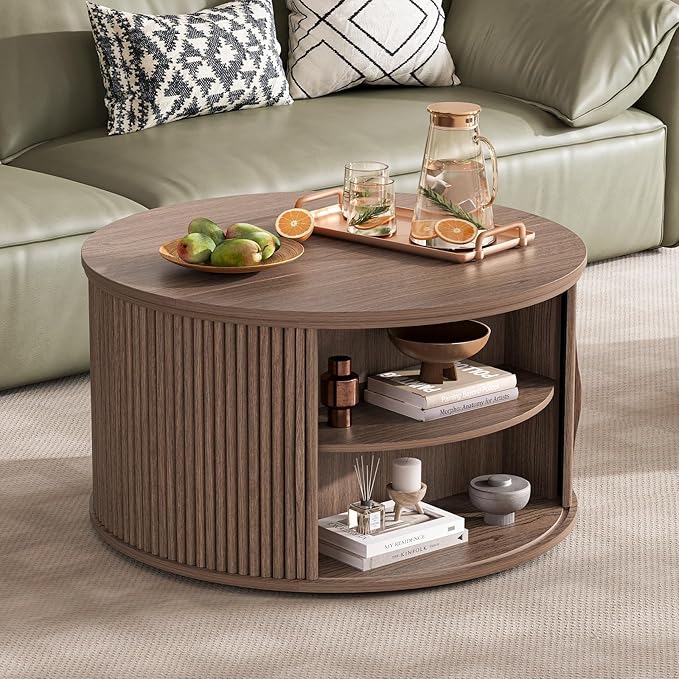 Round Lift Top Coffee Table, 31.5” Mid Century Modern Center Table with Hidden Storage, Fluted Circle Coffee Tables for Living Room, Home Office, Walnut