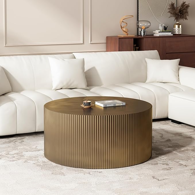 35.83" Gold Round Coffee Table, Minimalist Wave Stripe Modern Round Table, Drum Circle Coffee Tables for Living Room,Office Apartment,Gold
