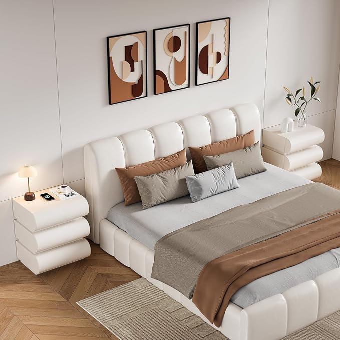 homary Smart Nightstand with Wireless Charging, USB & Type-C Ports – Modern Off White Faux Leather Nightstand with 3 Drawers, Bedside Table with Charging Station for Bedroom - Image 6