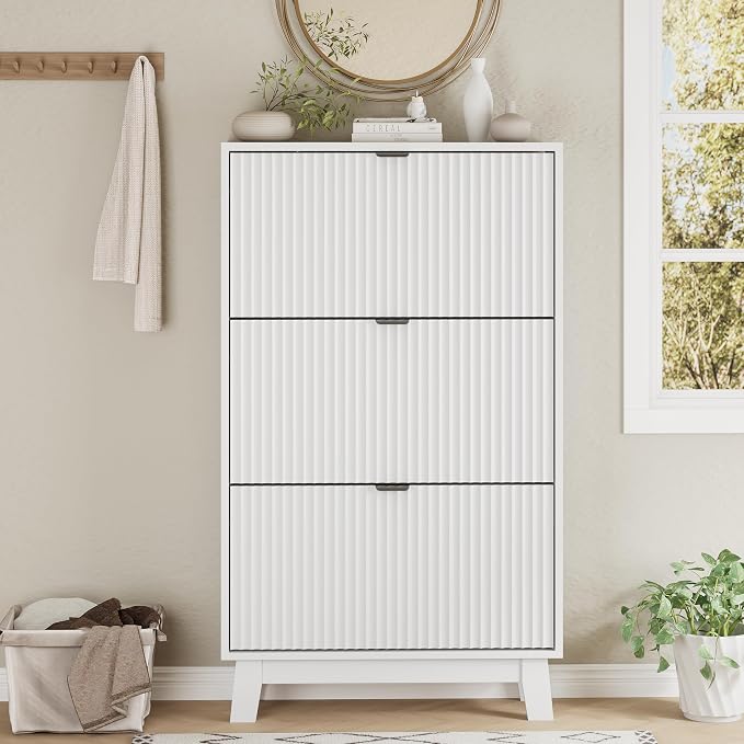 Xixini Shoe Cabinet with 3 Flip Drawers, 54" Tall Narrow Fluted Shoe Storage Organizer for Entryway, Hidden Slim Wooden Shoe Rack Cabinet for Front Door Entrance, Hallway, Living Room, Solid White - Image 7