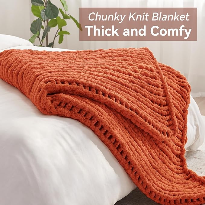 Negwoo Chunky Knit Throw Blanket, 80''*90'' Knitted Throw Chenille Yarn for Bed Couch, Handmade Orange Crochet Big Thick Blanket, Machine Washable Cute Comfy Blanket for Home Decor