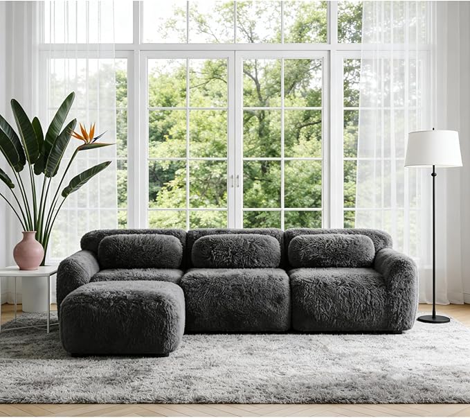 114.7" L-Shaped Boneless Modular Sofa, Plush Foam Lounge Couch, 32D High Density Sponge, Plush Convertible Sofa Set Deep Seat Couches for Living Room, Bedroom and Apartment, Dark Grey