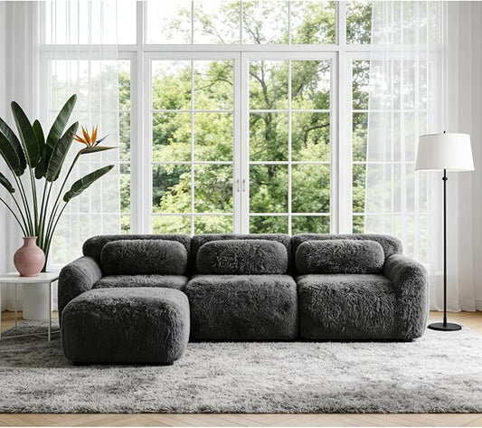 114.7" L-Shaped Boneless Modular Sofa, Plush Foam Lounge Couch, 32D High Density Sponge, Plush Convertible Sofa Set Deep Seat Couches for Living Room, Bedroom and Apartment, Dark Grey