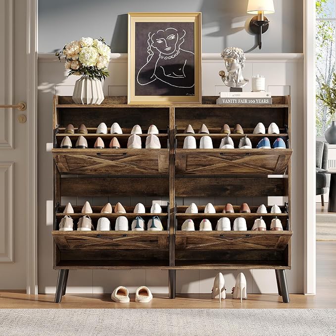 Maupvit Large Shoe Storage Cabinet with 4 Flip Drawers, Narrow Shoe Cabinet for Entryway with Wooden Legs, Freestanding Hidden Shoe Rack Organizer ＆ Metal Hinges, Rustic Brown - Image 3
