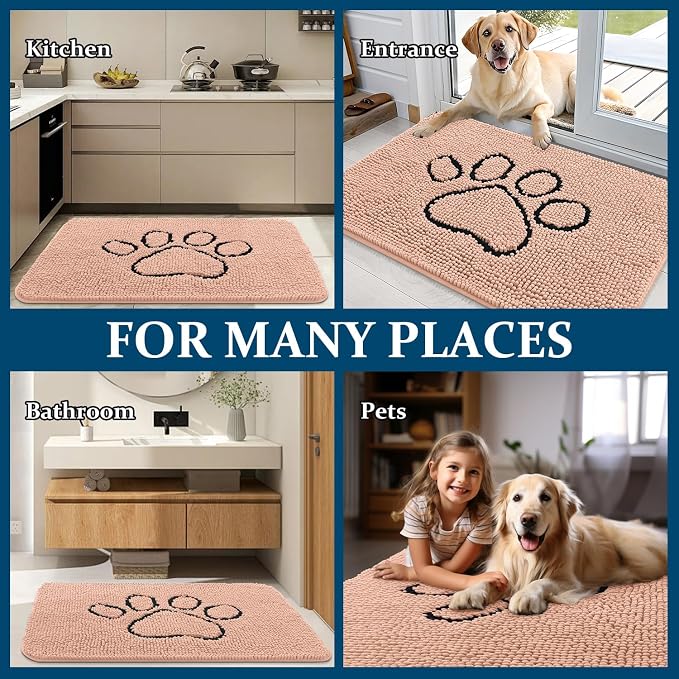 OLANLY Dog Door Mat for Muddy Paws 36x24, Paw Print Design, Absorbs Moisture and Dirt, Absorbent Non-Slip Washable Doormat, Quick Dry Chenille Mud Mat for Dogs, Entry Indoor Entryway Carpet, Peach - Image 8