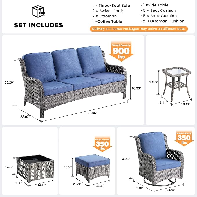 ovios 7-Piece Patio Furniture Set with Swivel Chairs Coffee Table, Outdoor Wicker Sofa with Comfy Cushions, High Back Couch Modern Conversation Sets, Grey/Denim Blue