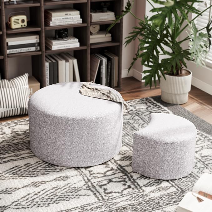 kevinplus Upholstered Round Nesting Coffee Tables Set of 2 for Living Room, Modern Contemporary Round Coffee Table Side Table End Table Ottoman, No Assembly, Yarn Dyed Fabric, Beige