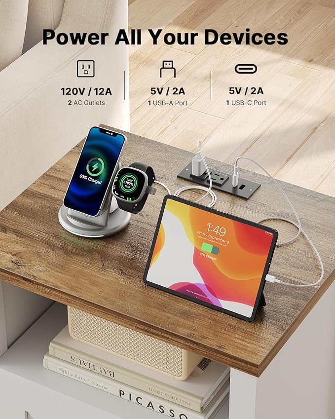 Marsail Farmhouse Nightstand Set of 2 with Charging Station, Wood Bedside Table with USB Port & AC Outlet, Open Shelf and Enclosed Cabinet, Side Table with Storage for Bedroom, Brown and White - Image 4