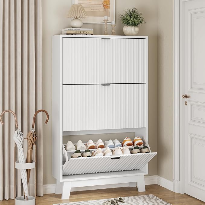Xixini Shoe Cabinet with 3 Flip Drawers, 54" Tall Narrow Fluted Shoe Storage Organizer for Entryway, Hidden Slim Wooden Shoe Rack Cabinet for Front Door Entrance, Hallway, Living Room, Solid White by Xixini