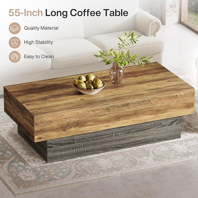 Tribesigns 55-Inch Farmhouse Wood Coffee Table, Rustic Large Rectangle Tea Table, Vintage Center Table for Living Room, Office Reception, Rustic Brown & Grey
