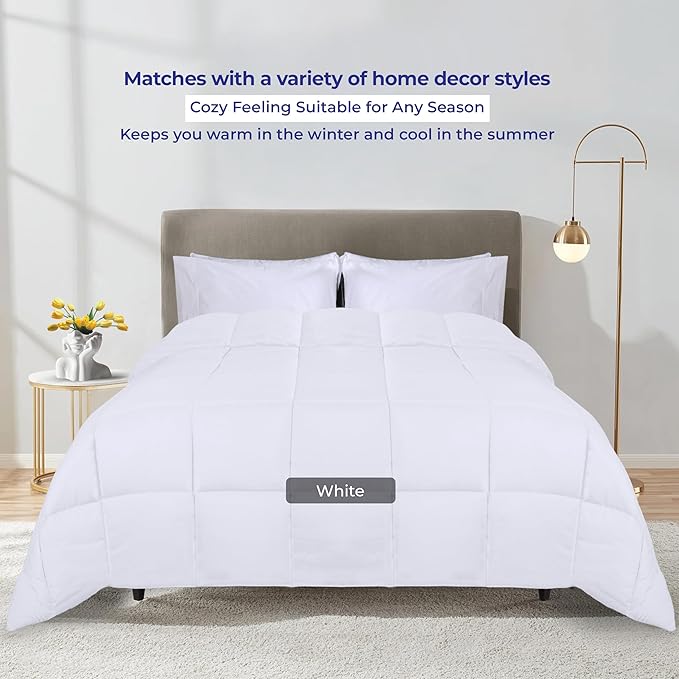Superior Brushed Microfiber Comforter, Down Alternative Bedding, Medium Weight, Soft Bed Cover, Plush Duvet Insert, Oversized Blanket, Box Quilt, Reversible Comforter, Twin, White